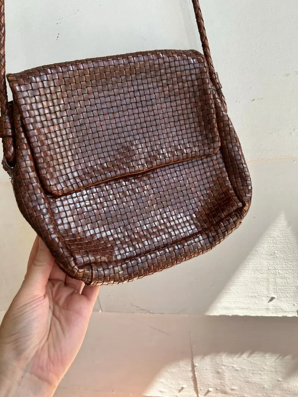 Vintage Woven Warm Brown Leather Cross-body Bag Purse Nine West